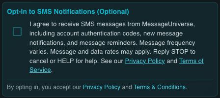 Screenshot of the SMS consent checkbox as it appears on the MessageUniverse signup page